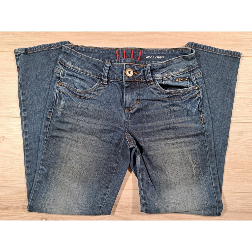 Elle Womens Boyfriend Jeans Size 2 Medium Wash Distressed Studded Denim